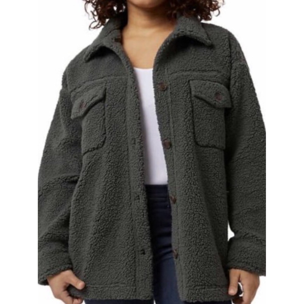 32 Degrees Heat Women Dark Olive Green Sherpa Fleece Shacket Shirt Jacket Medium